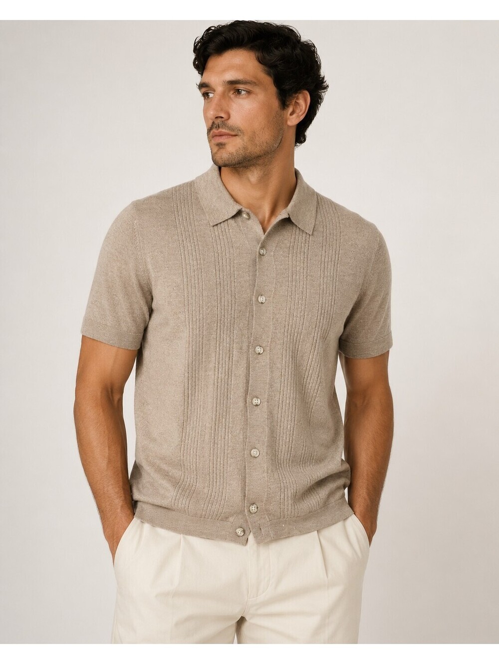 Christian Lacroix 100% Merino Wool Mod Knit Polo Cardigan Shirt Beige L Retro